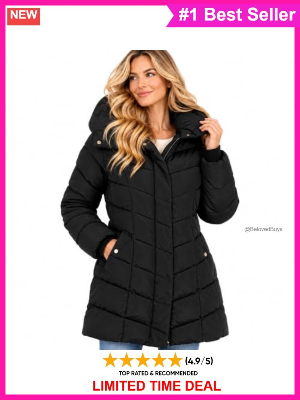 Womens Long Chevron Quilted Puffer Coat Hooded Winter Parka